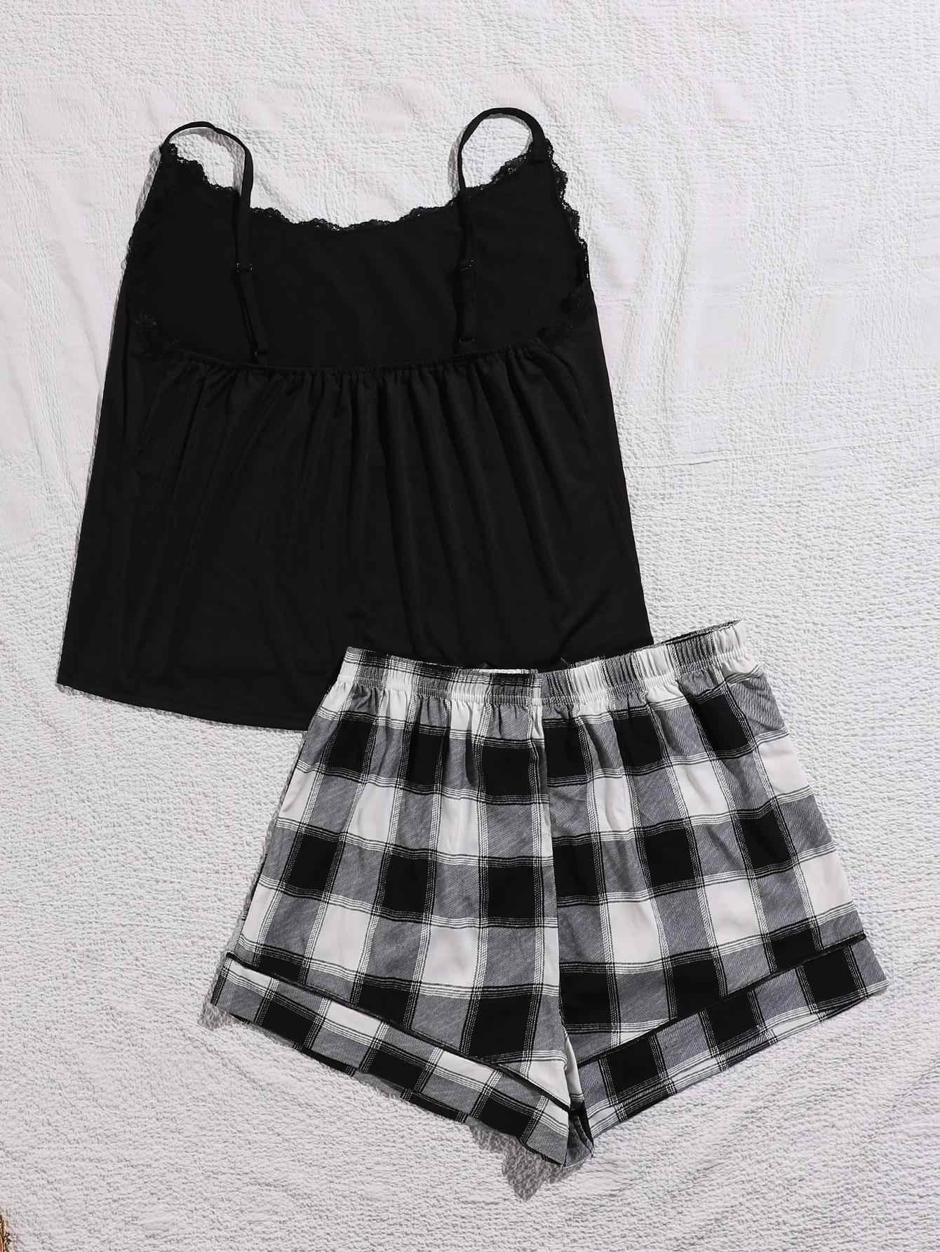 Plus Size Lace Trim Scoop Neck Cami and Printed Shorts Pajama Set - GiFTiFY