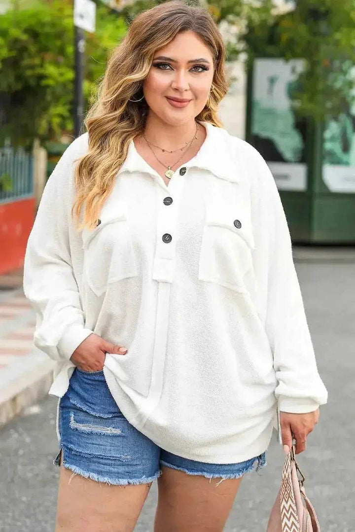 Plus Size Half Button Collared Neck Long Sleeve Blouse - GiFTiFY