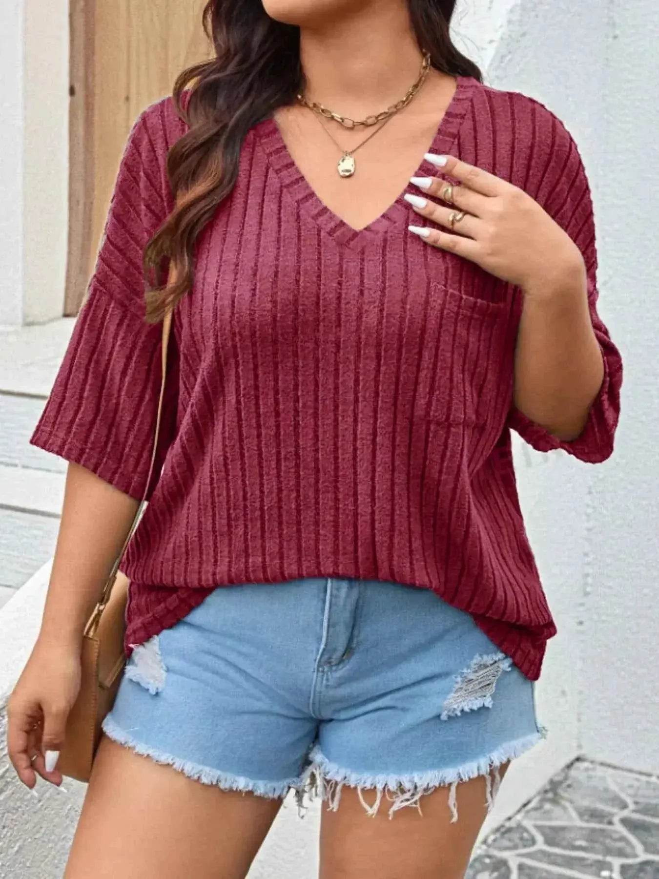 Plus Size V-Neck Ribbed Knit T-Shirt - GiFTiFY