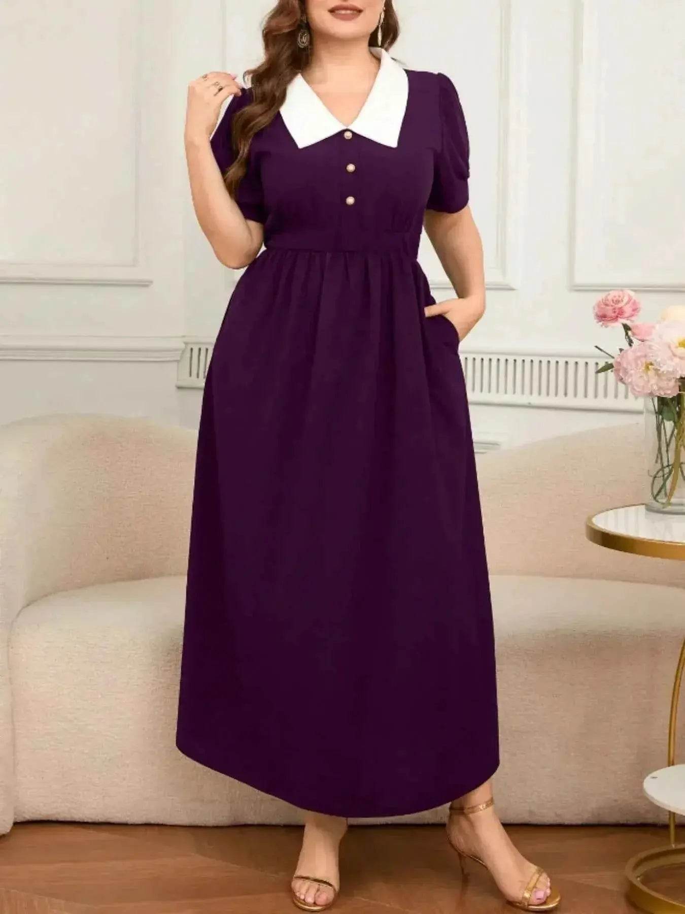 Plus Size Contrast Collar Short Sleeve Dress - GiFTiFY