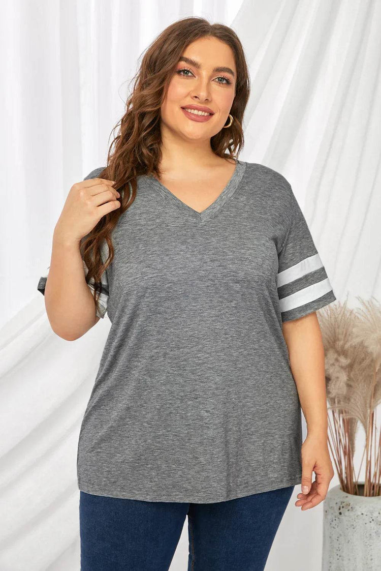 Plus Size Striped V-Neck Tee Shirt - GiFTiFY