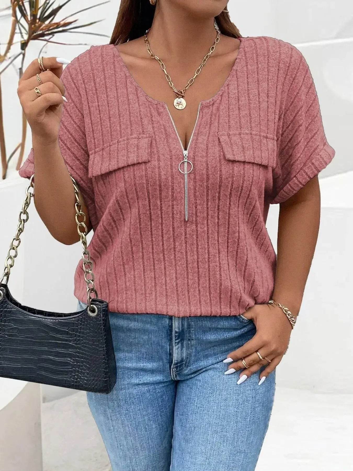 Plus Size Ribbed Half Zip Relaxed Fit T-Shirt - GiFTiFY
