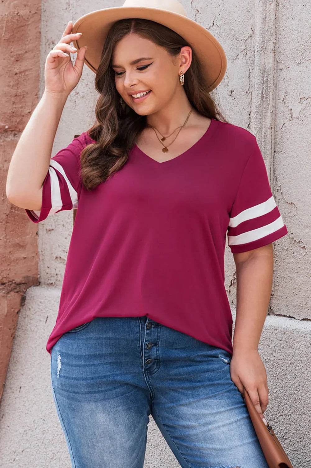 Plus Size Striped V-Neck Tee Shirt - GiFTiFY