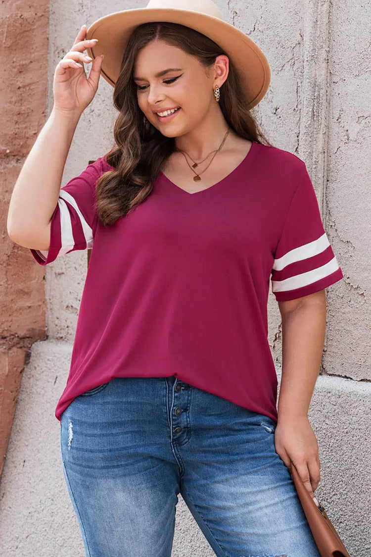 Plus Size Striped V-Neck Tee Shirt - GiFTiFY