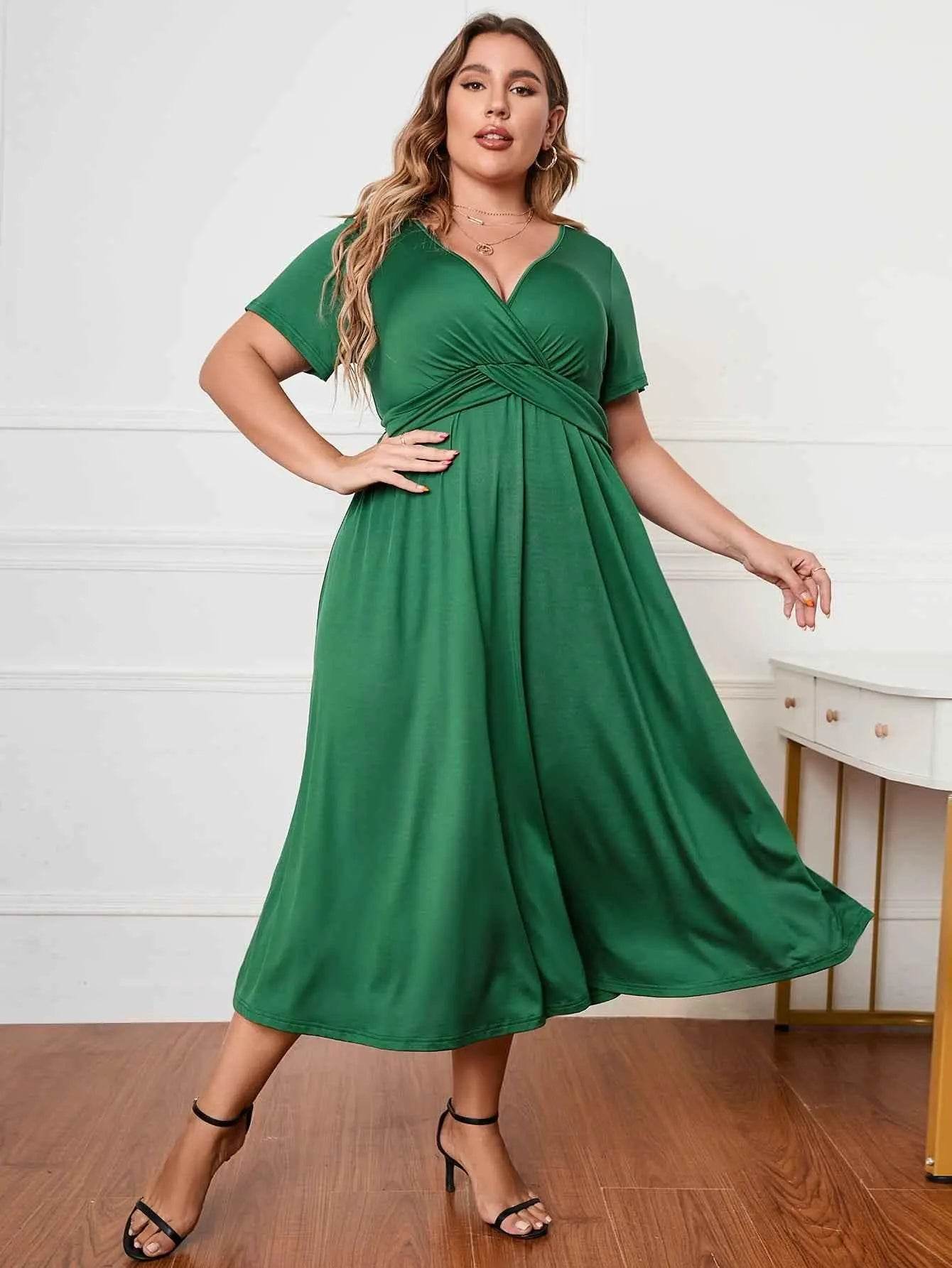 Honey Plus Size Short Sleeve Surplice Neck Midi Dress - GiFTiFY
