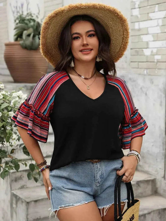 Plus Size V-Neck Flounce Sleeve Top - GiFTiFY