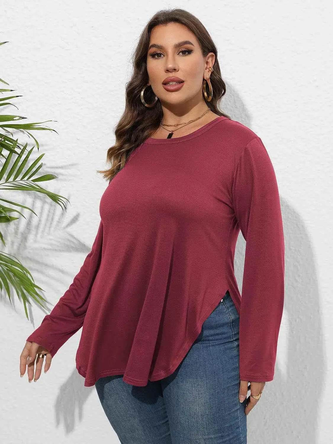 Plus Size Round Neck Long Sleeve Slit T-Shirt - GiFTiFY