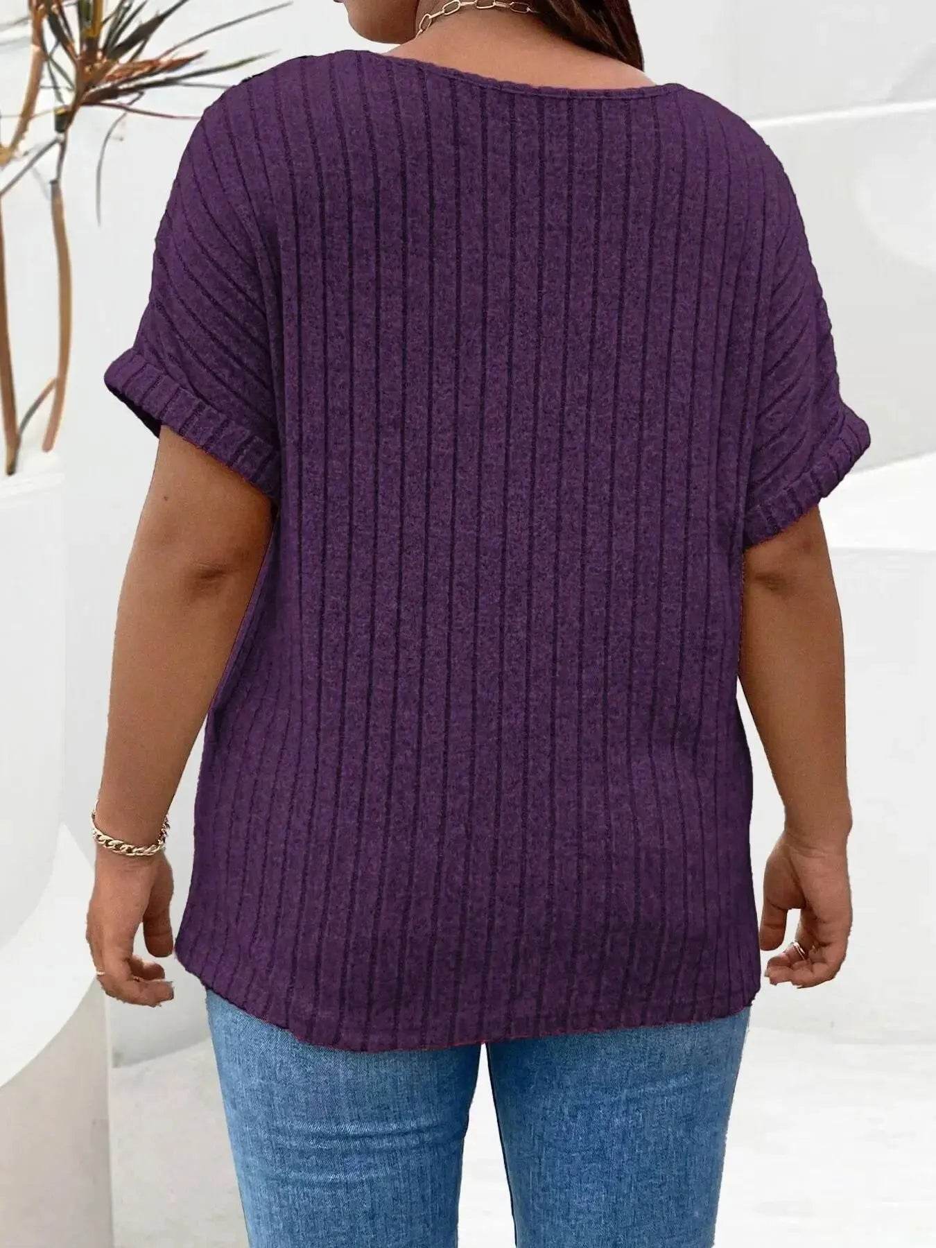 Plus Size Ribbed Half Zip Relaxed Fit T-Shirt - GiFTiFY