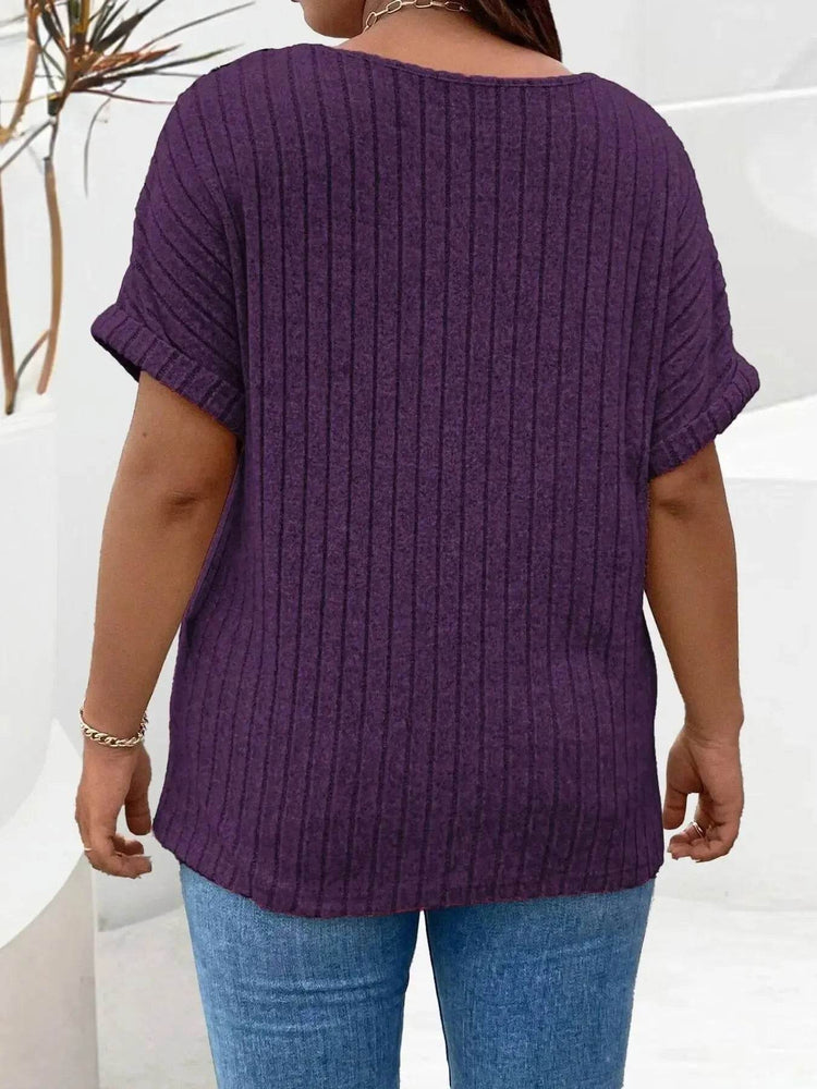 Plus Size Ribbed Half Zip Relaxed Fit T-Shirt - GiFTiFY