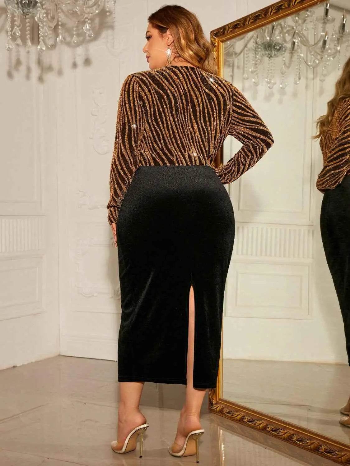 Honey Plus Size Surplice Neck Long Sleeve Slit Dress - GiFTiFY