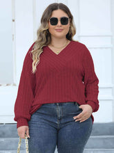 Plus Size Ribbed V-Neck Long Sleeve Top - GiFTiFY