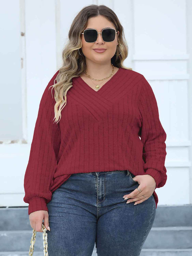 Plus Size Ribbed V-Neck Long Sleeve Top - GiFTiFY