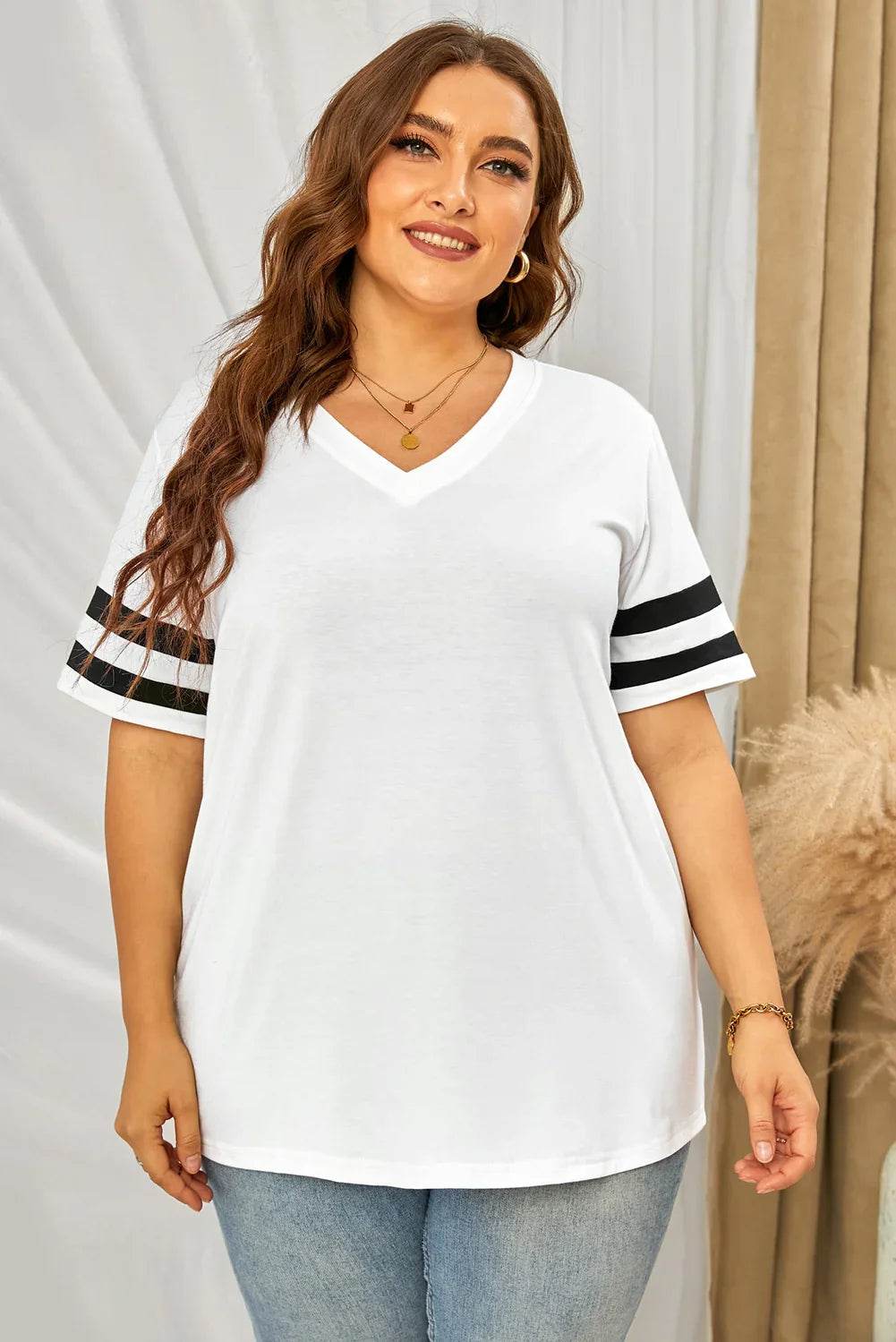 Plus Size Striped V-Neck Tee Shirt - GiFTiFY