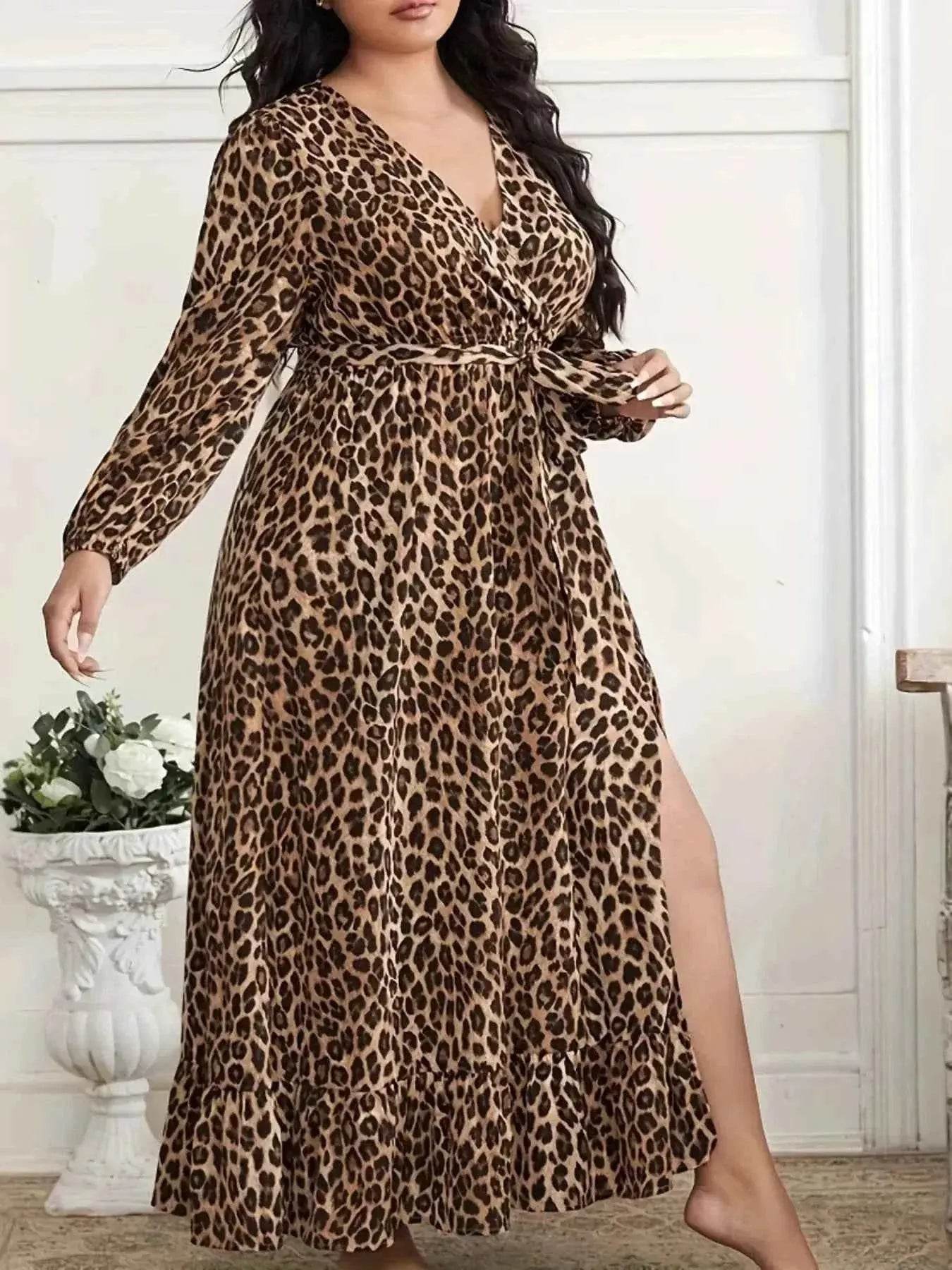 Plus Size Leopard Print Surplice Maxi Dress - GiFTiFY