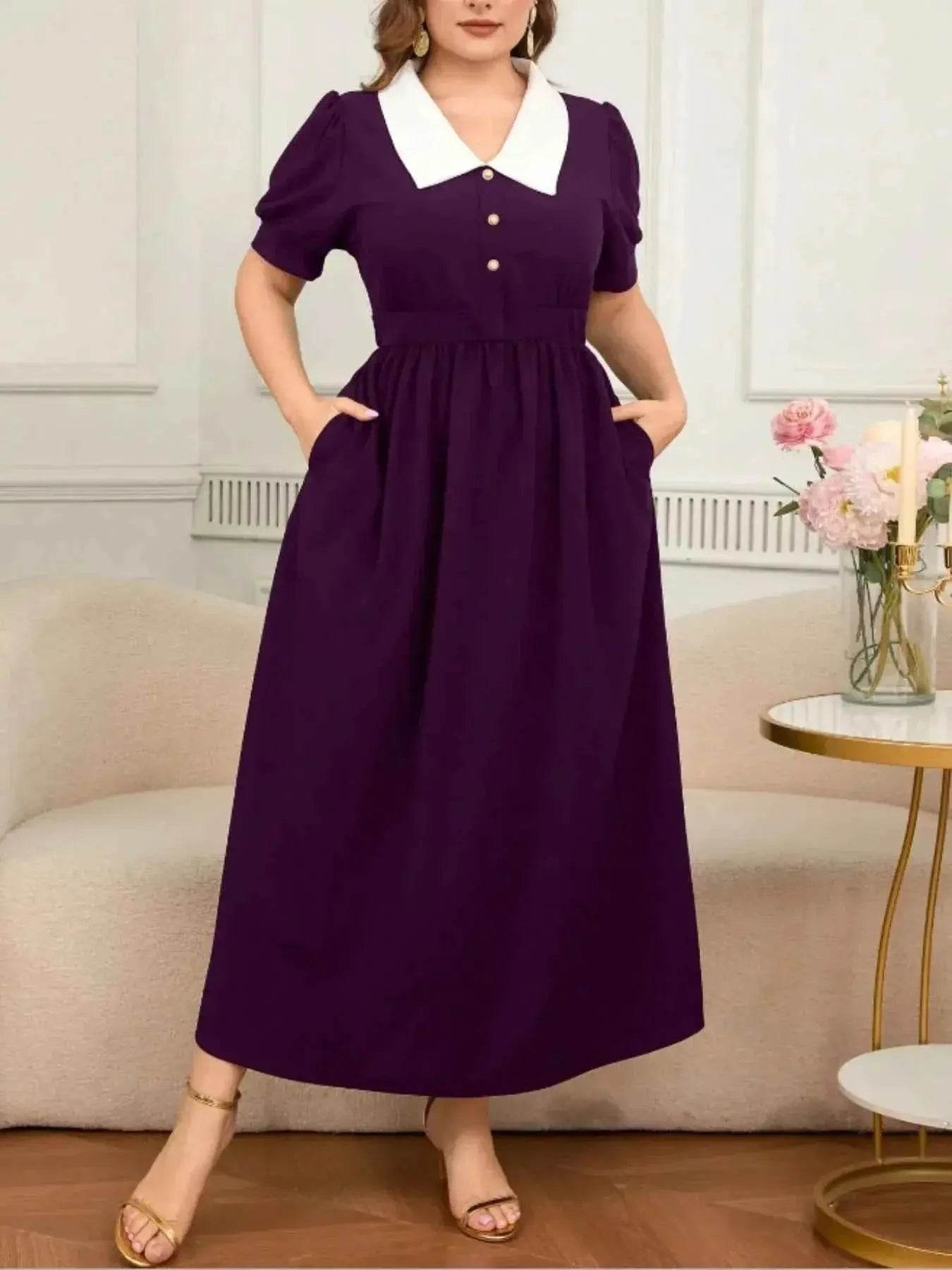 Plus Size Contrast Collar Short Sleeve Dress - GiFTiFY