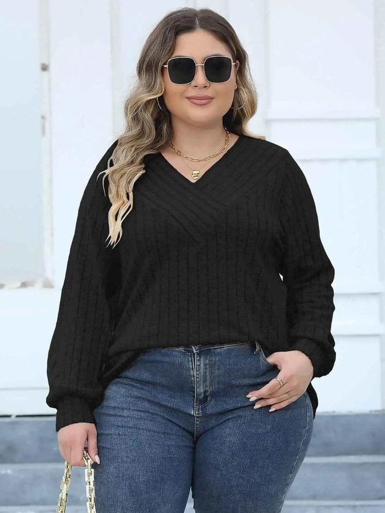 Plus Size Ribbed V-Neck Long Sleeve Top - GiFTiFY