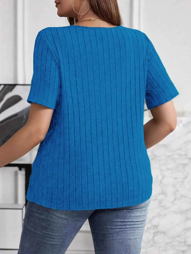 Plus Size V-Neck Short Sleeve Ribbed T-Shirt - GiFTiFY