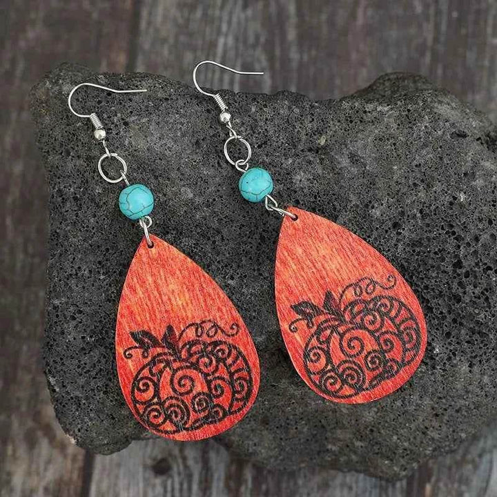 Turquoise Wooden Pumpkin Teardrop Earrings - GiFTiFY