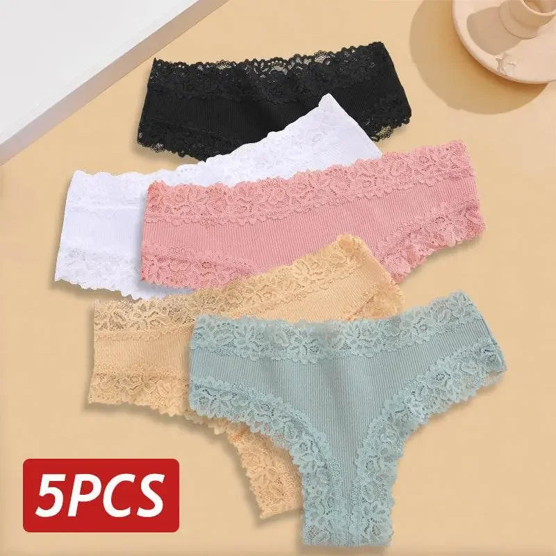 5PCS Lace Cotton Brazilian Panties Lace Cotton Brazilian Panties by Dropshee