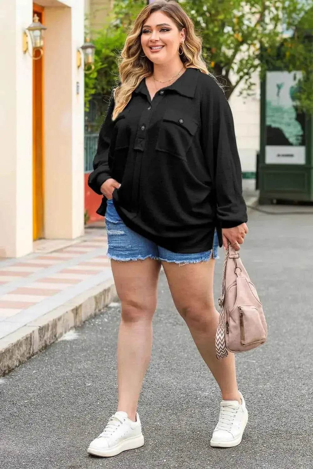 Plus Size Half Button Collared Neck Long Sleeve Blouse - GiFTiFY