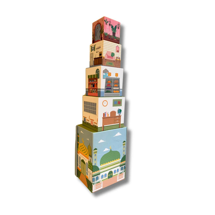 Stacking Houses (Set of 5 Houses and 3 Hardwood Characters) - GiFTiFY