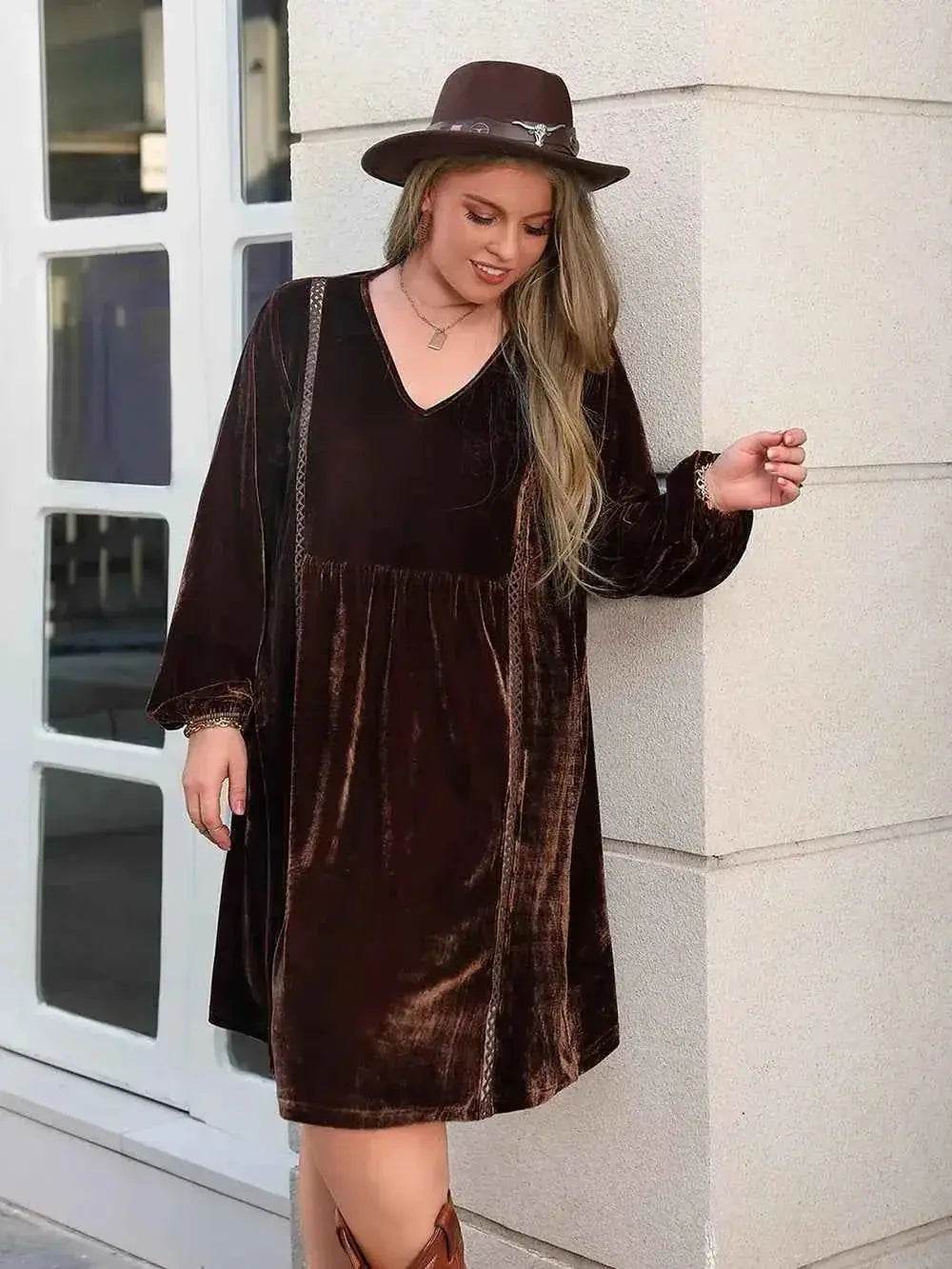 Plus Size V-Neck Balloon Sleeves Dress women Attire by Trendsi
