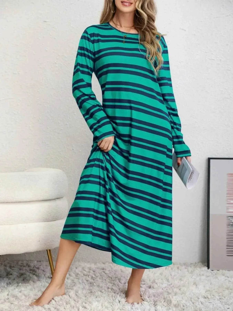 Plus Size Striped Round Neck Long Sleeve Tee Dress - GiFTiFY