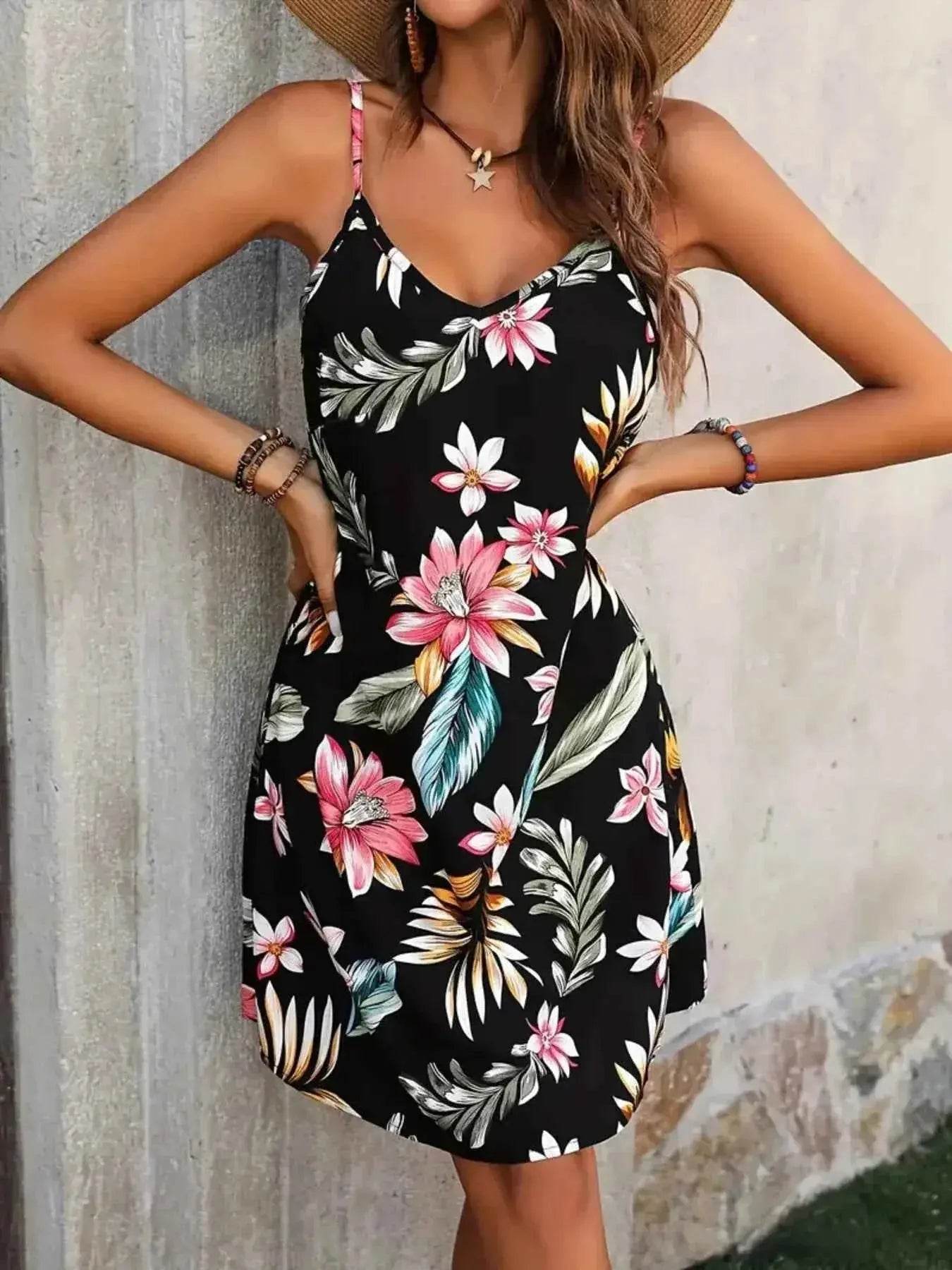 Plus Size Printed V-Neck Cami Dress - GiFTiFY