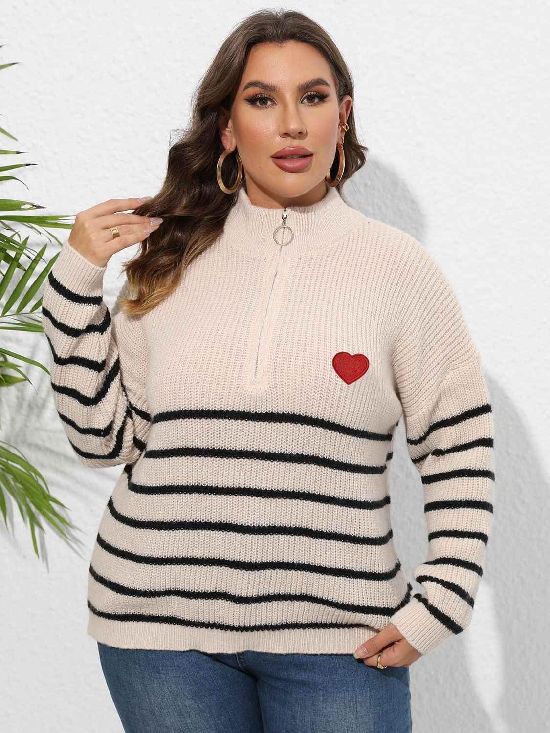 Plus Size Zip-Up Striped Sweater - GiFTiFY