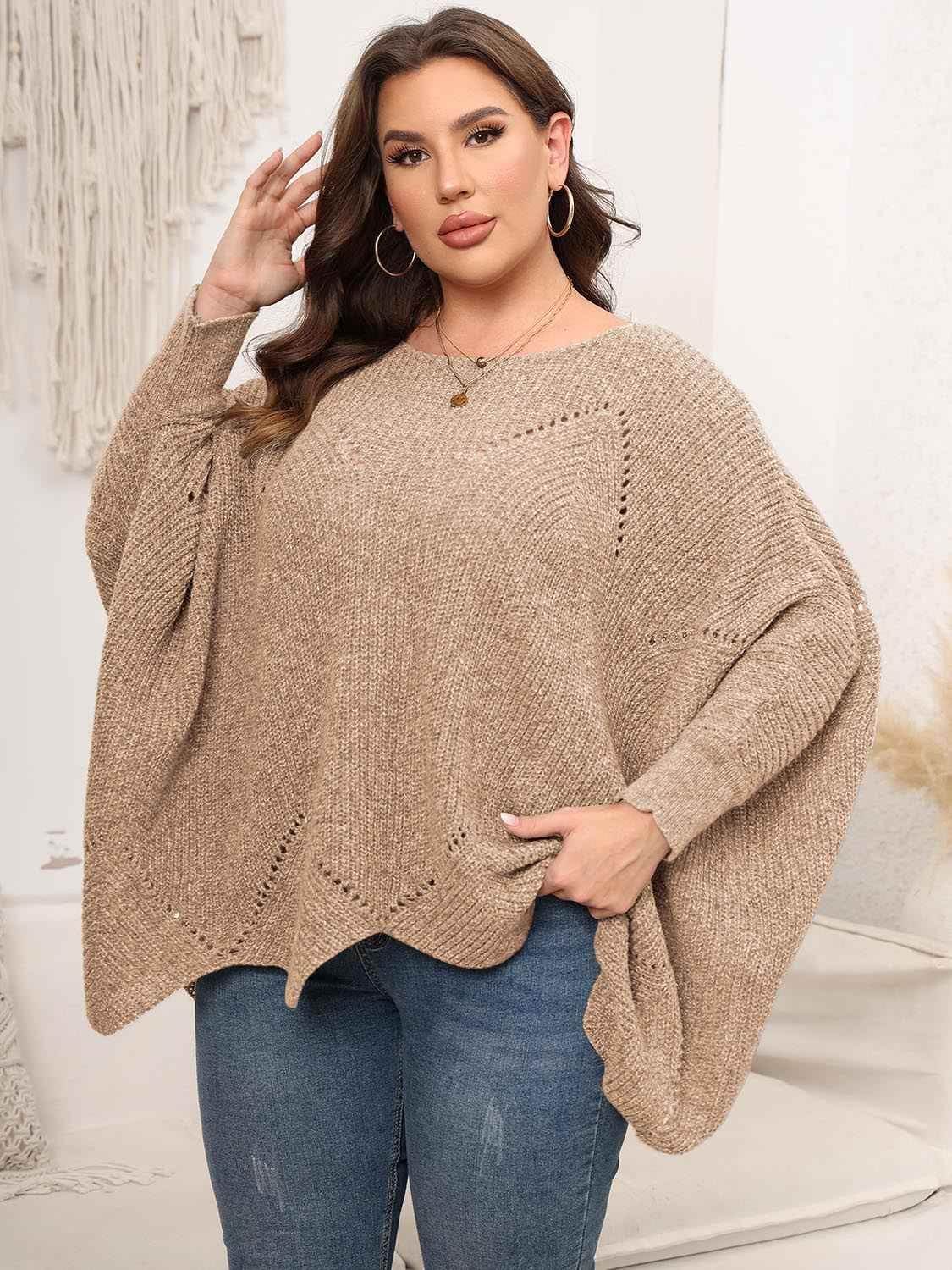 Plus Size Round Neck Batwing Sleeve Sweater - GiFTiFY