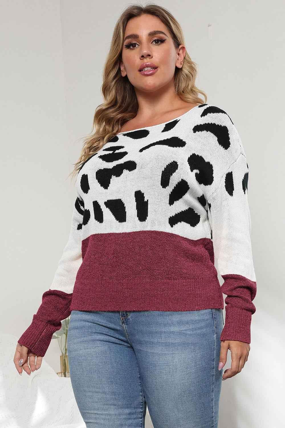 Plus Size Leopard Round Neck Long Sleeve Sweater - GiFTiFY