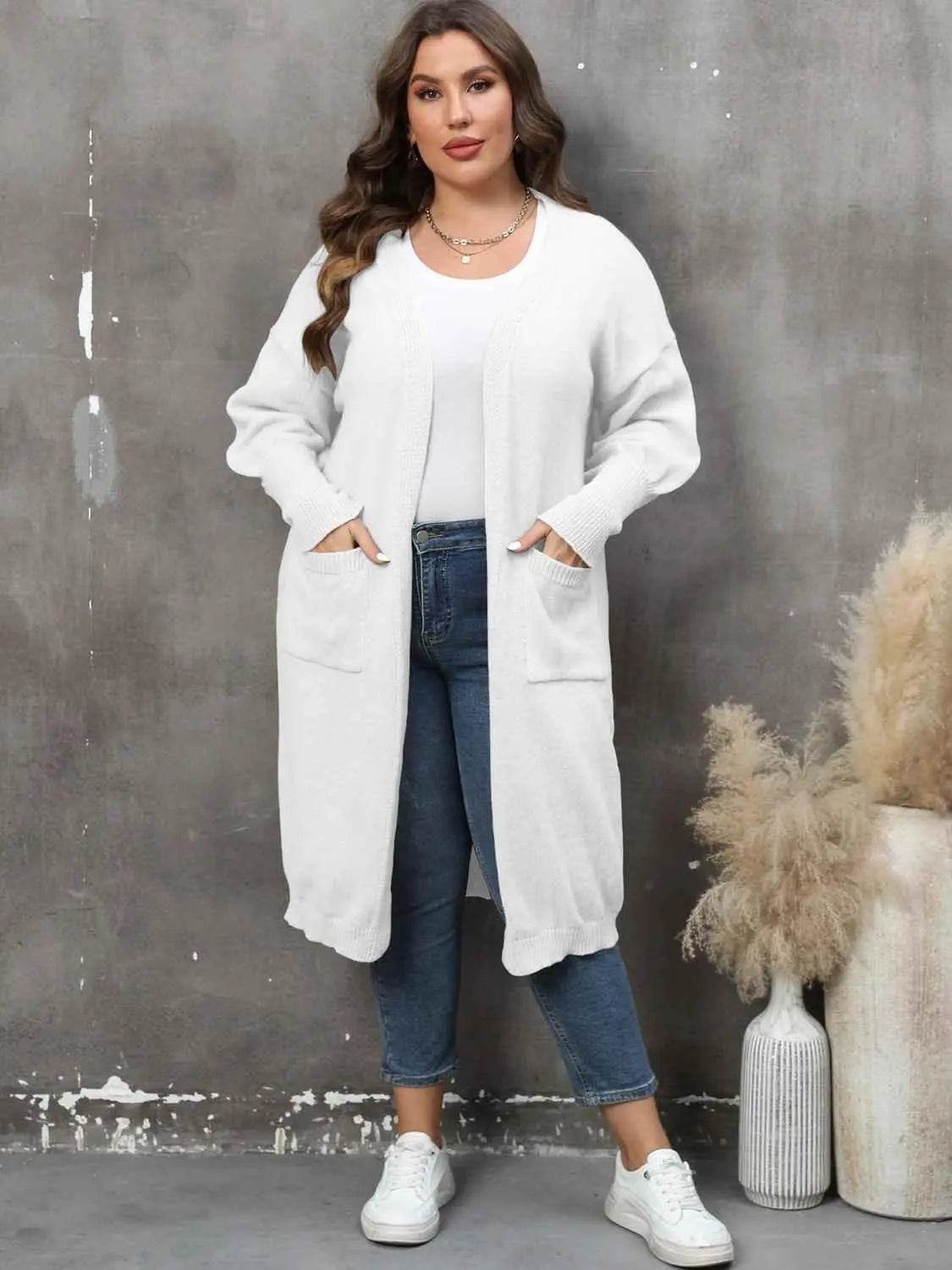 Plus Size Long Sleeve Pocketed Cardigan - GiFTiFY