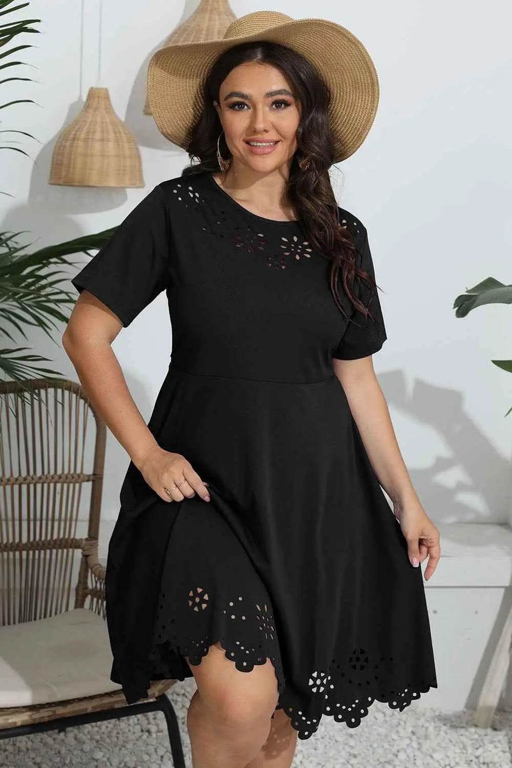 Plus Size Round Neck Openwork Dress - GiFTiFY