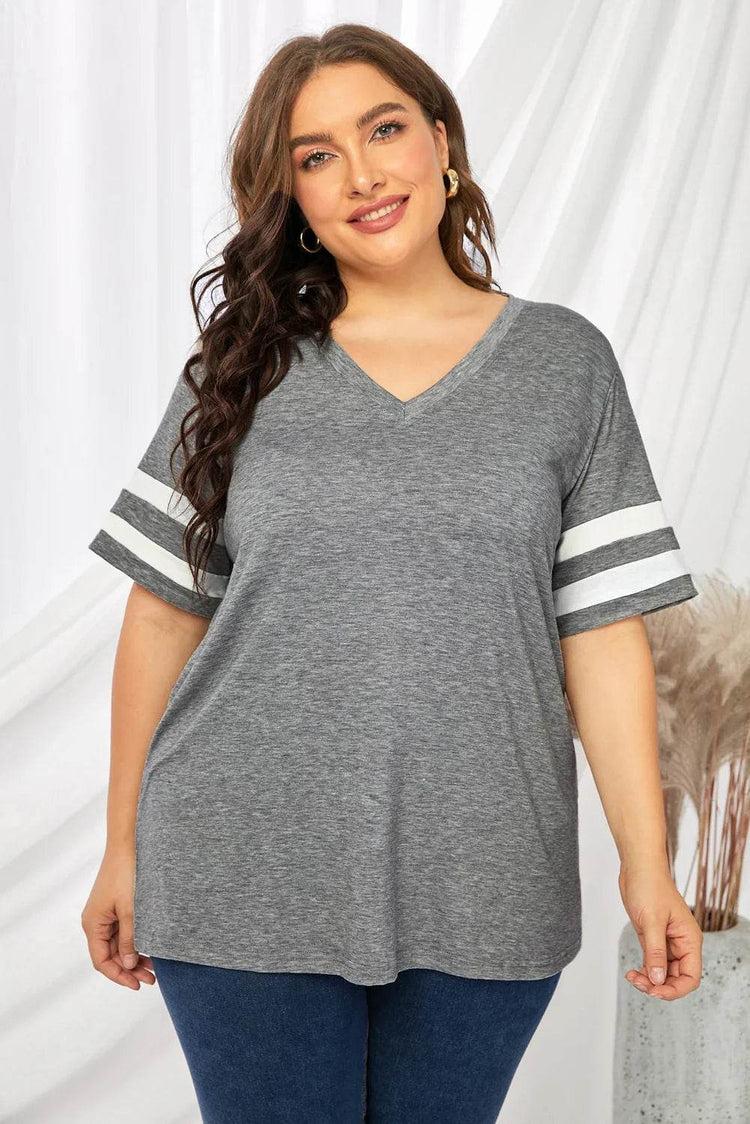 Plus Size Striped V-Neck Tee Shirt - GiFTiFY