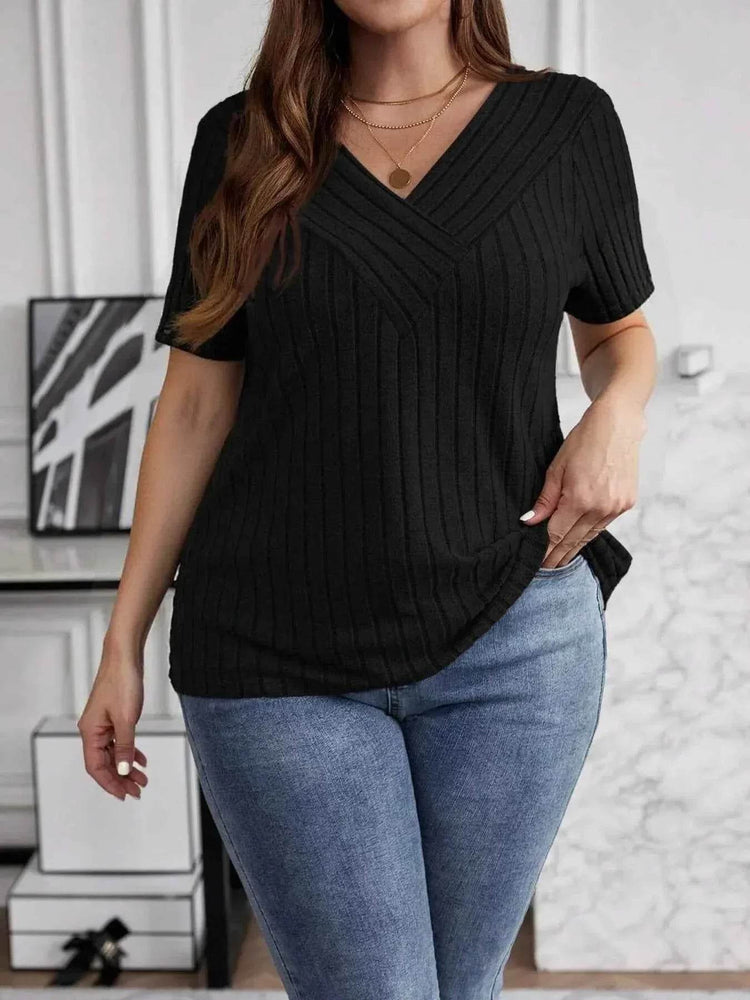 Plus Size V-Neck Short Sleeve Ribbed T-Shirt - GiFTiFY