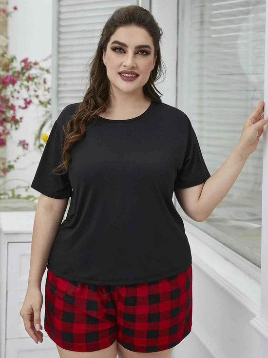 Plus Size Round Neck Tee Shirt and Plaid Shorts Lounge Set - GiFTiFY