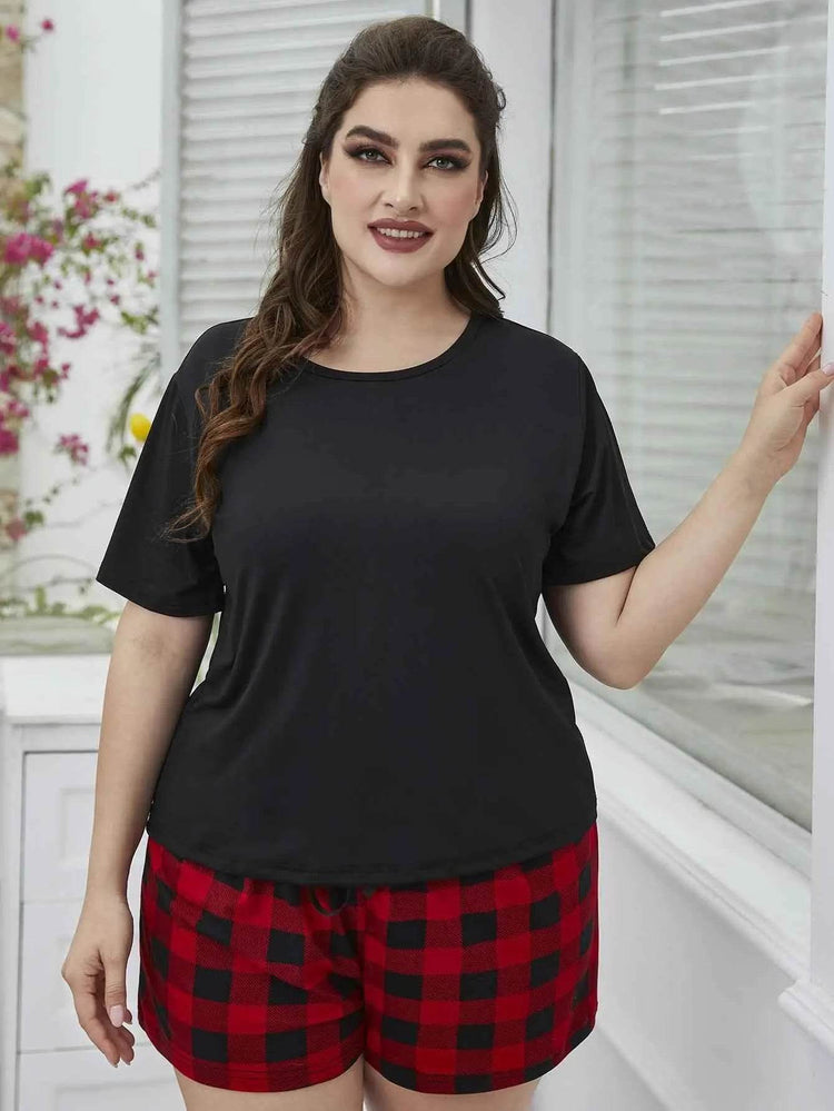 Plus Size Round Neck Tee Shirt and Plaid Shorts Lounge Set - GiFTiFY