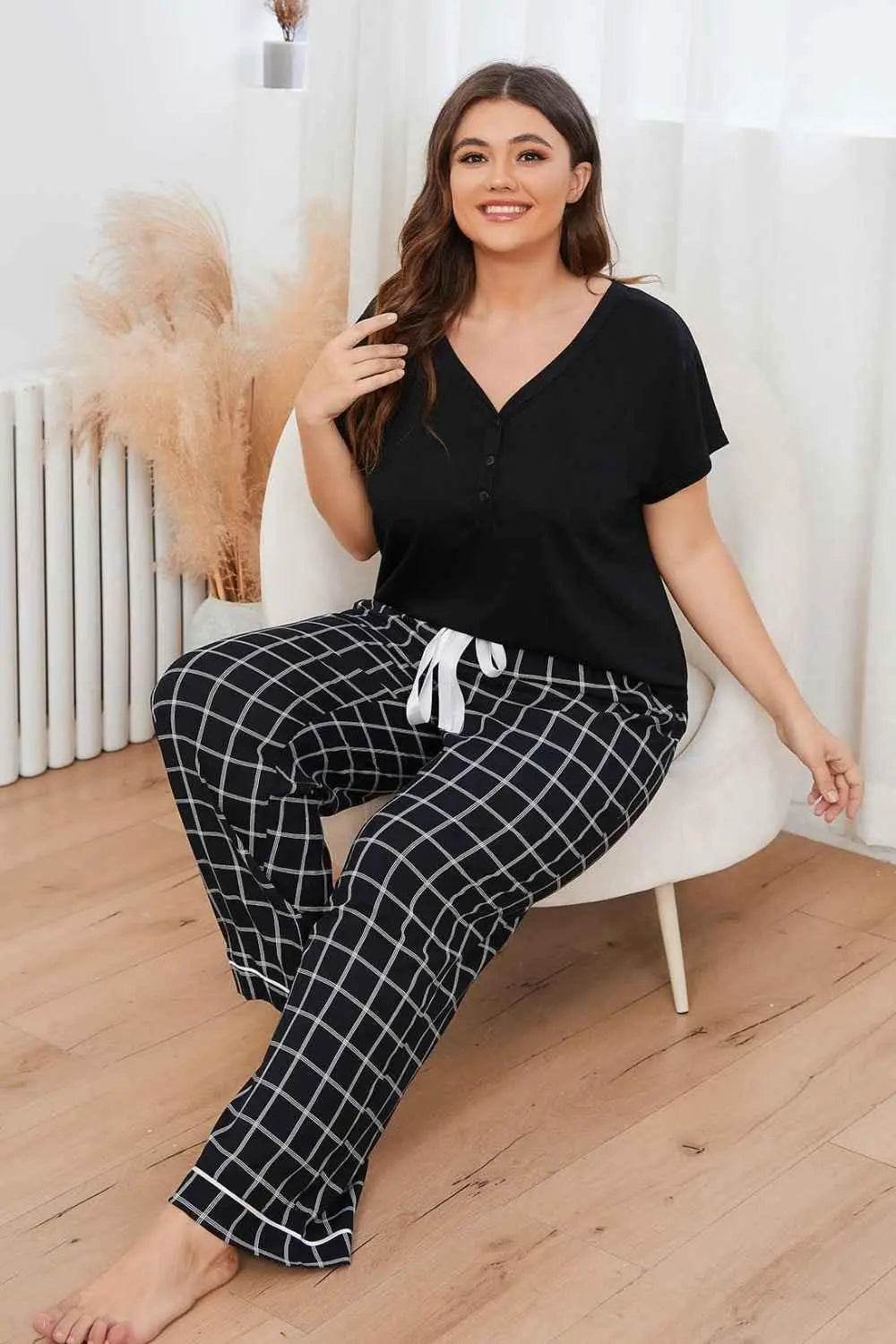 Plus Size V-Neck Top and Plaid Pants Lounge Set - GiFTiFY