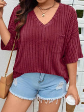 Plus Size V-Neck Ribbed Knit T-Shirt - GiFTiFY