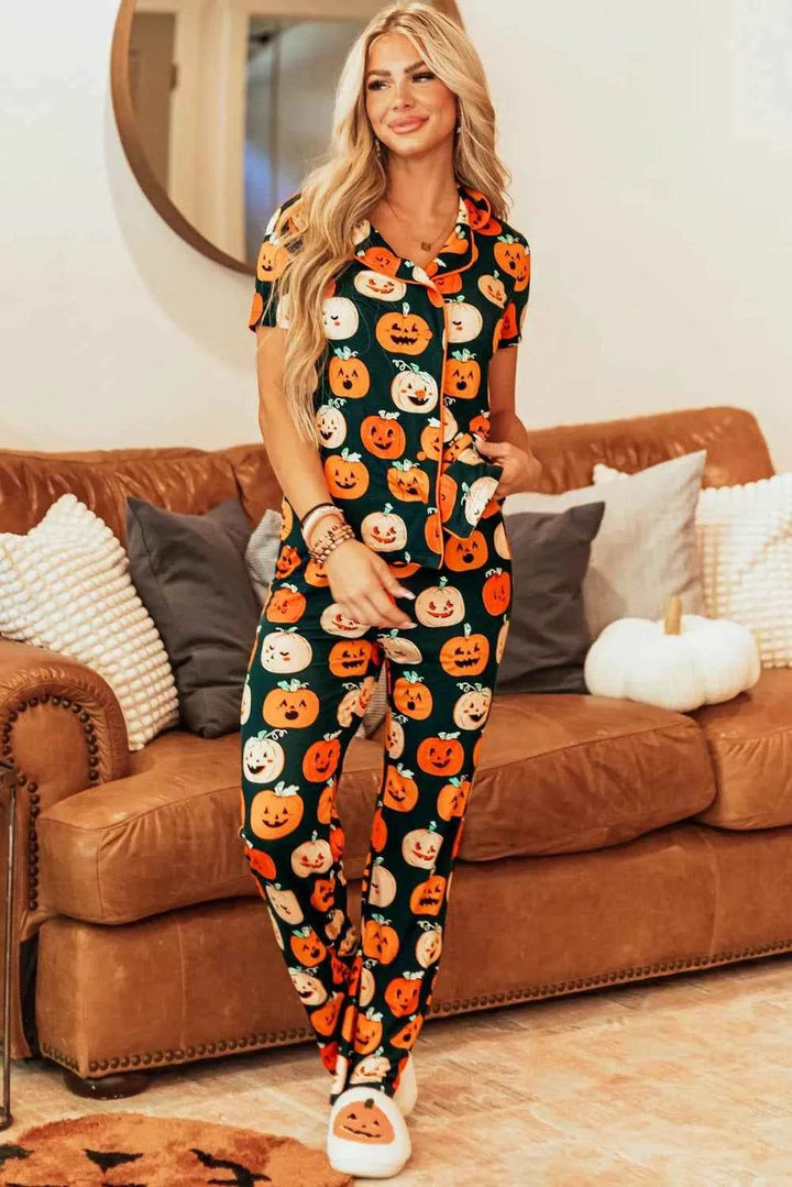 Pumpkin Printed Short Sleeve Top and Pants Lounge Set - GiFTiFY