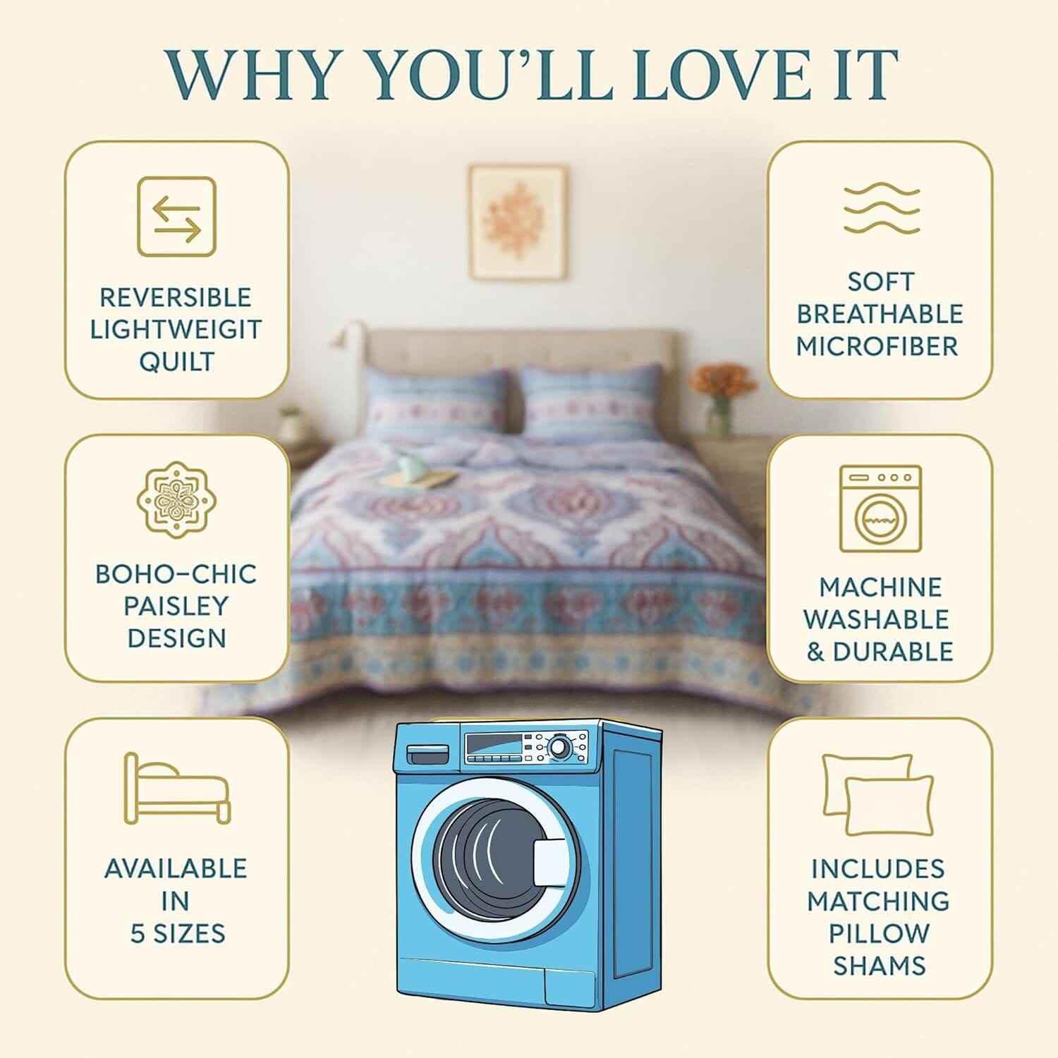 DaDa Bedding Bohemian Summertime White Blue Floral Paisley Bedspread Set (KSX-003) - GiFTiFY