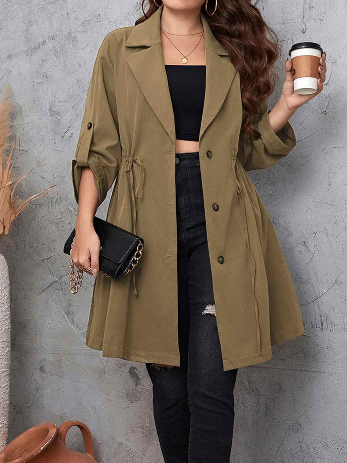 Honey Plus Size Lapel Collar Drawstring Roll-Tab Sleeve Trench Coat - GiFTiFY