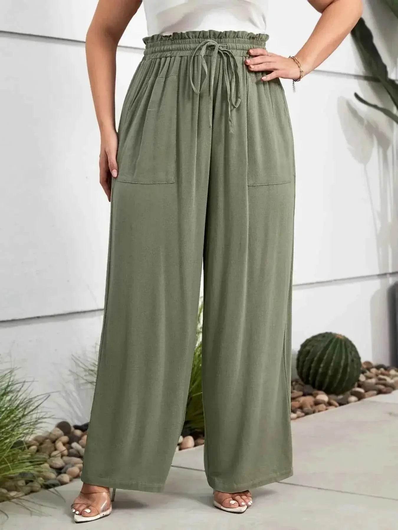 Plus Size High Waist Wide Leg Drawstring Pants - GiFTiFY