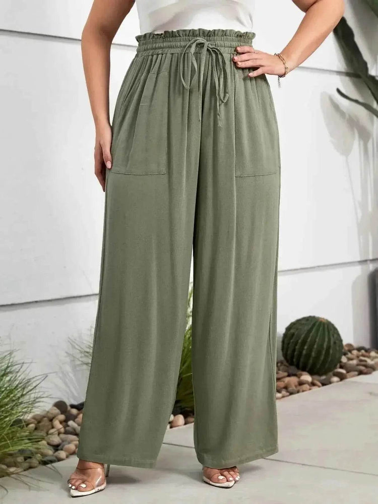 Plus Size High Waist Wide Leg Drawstring Pants - GiFTiFY