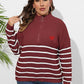 Plus Size Zip-Up Striped Sweater - GiFTiFY