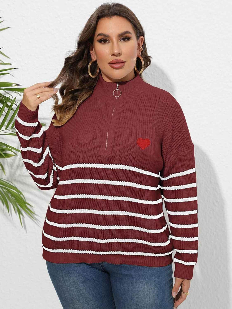 Plus Size Zip-Up Striped Sweater - GiFTiFY