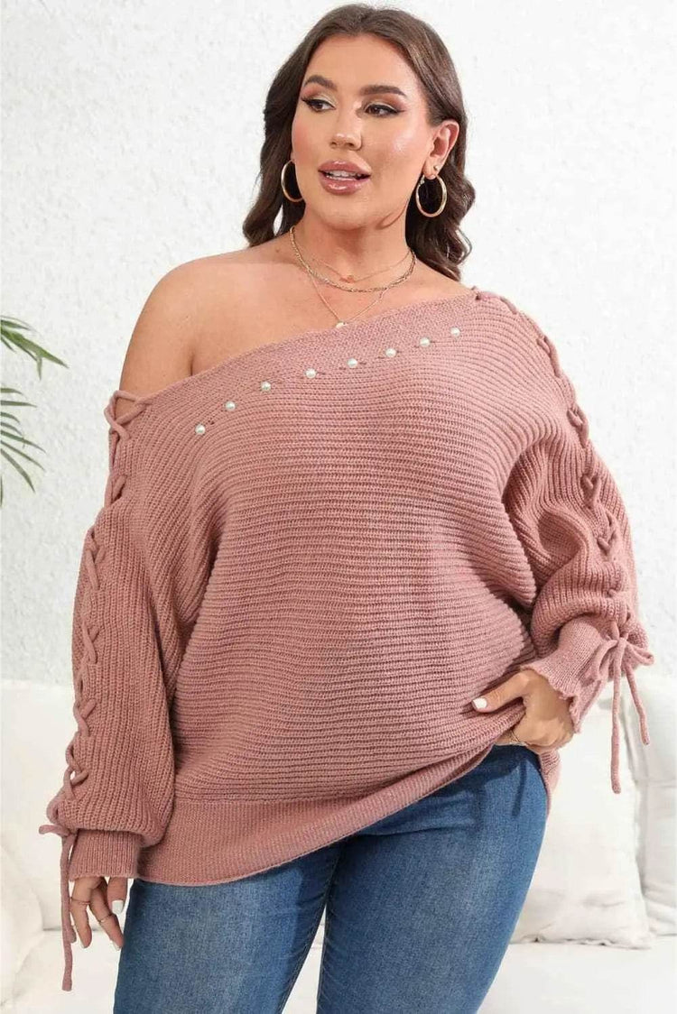 Plus Size One Shoulder Beaded Sweater - GiFTiFY