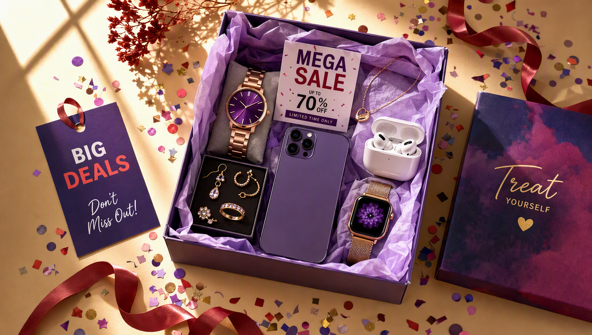 Flat-lay of jewelry, watches, and gadgets arranged in an open gift box with lavender tissue on a warm cream surface for the GiFiFY mega sale
