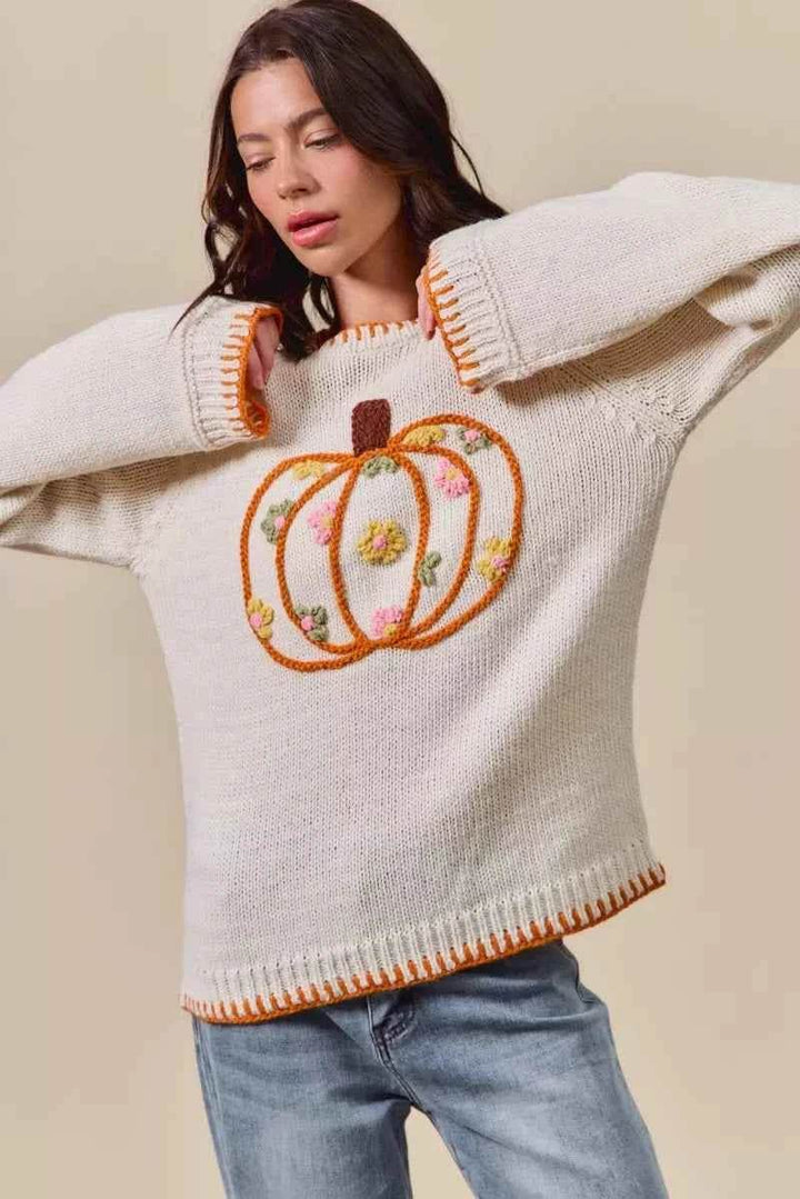 SO ME Pumpkin Floral Embroidered Thanksgiving Sweater - GiFTiFY
