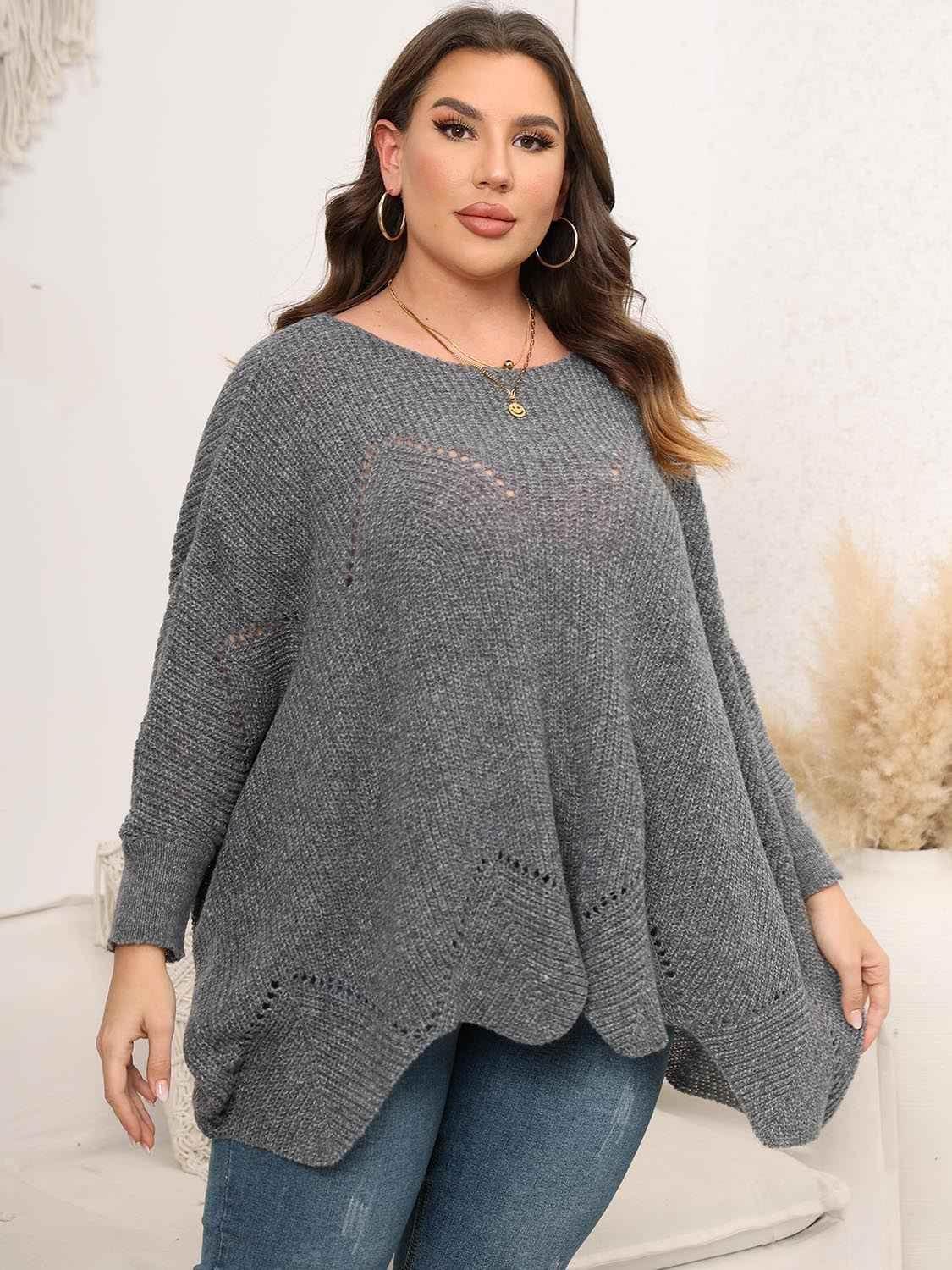 Plus Size Round Neck Batwing Sleeve Sweater - GiFTiFY